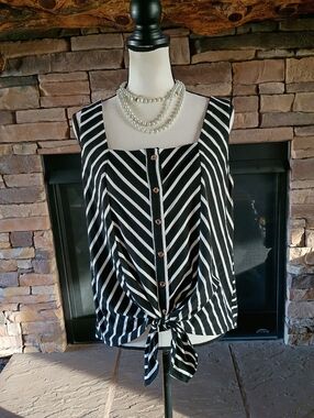 Perception Concept Black And White Striped Sleeveless Tie Front Knot Button Top